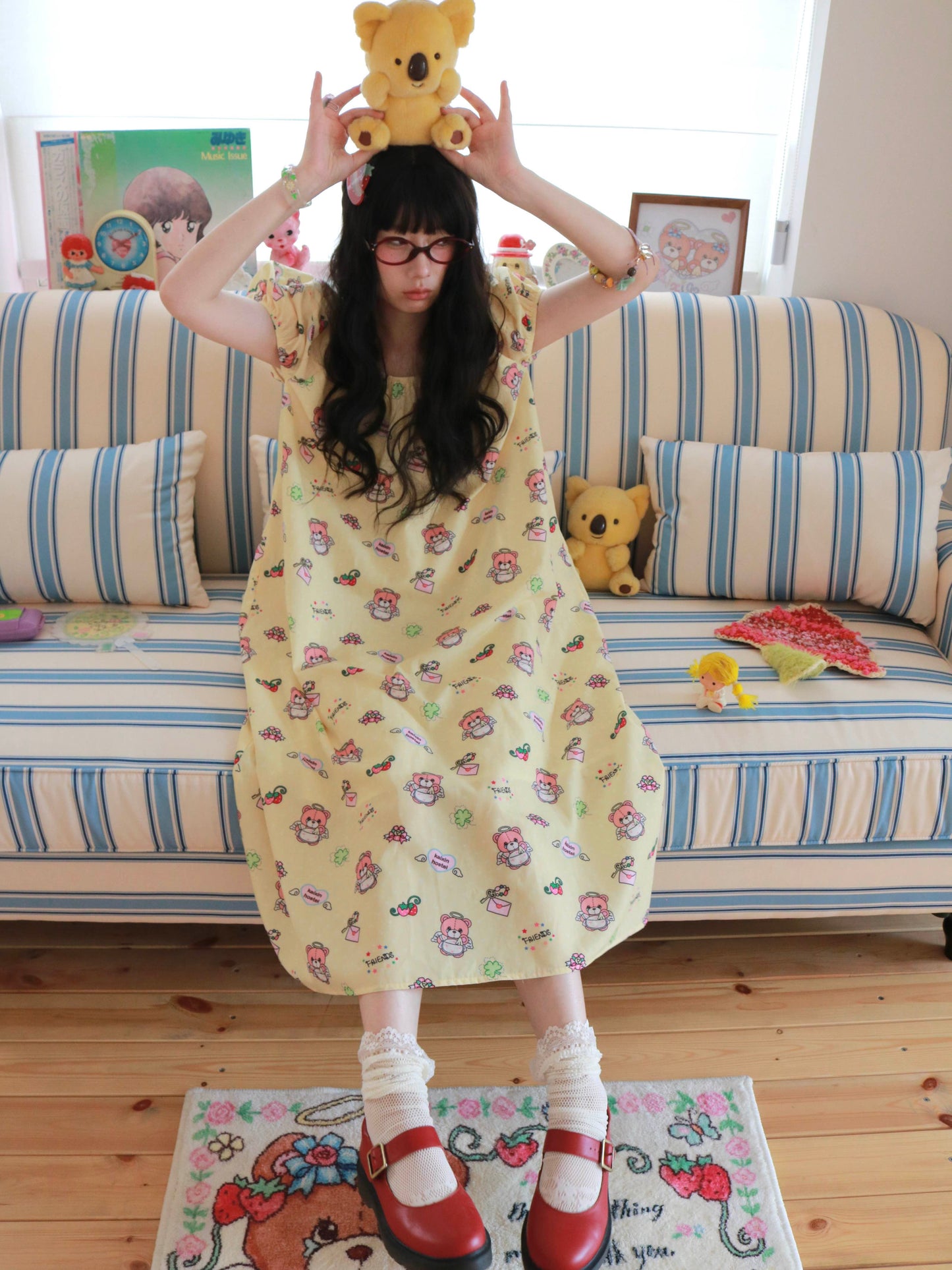 KaiXin Hostel - Bear Print Puff Sleeve Dress dress KaiXin hostel