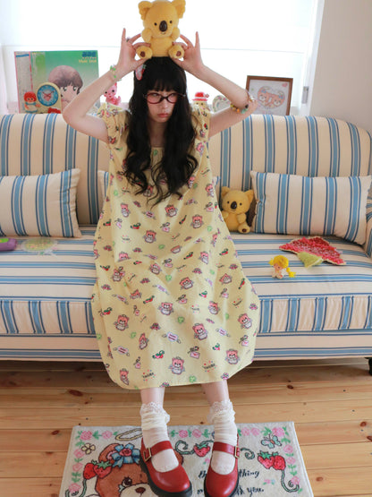 KaiXin Hostel - Bear Print Puff Sleeve Dress dress KaiXin hostel