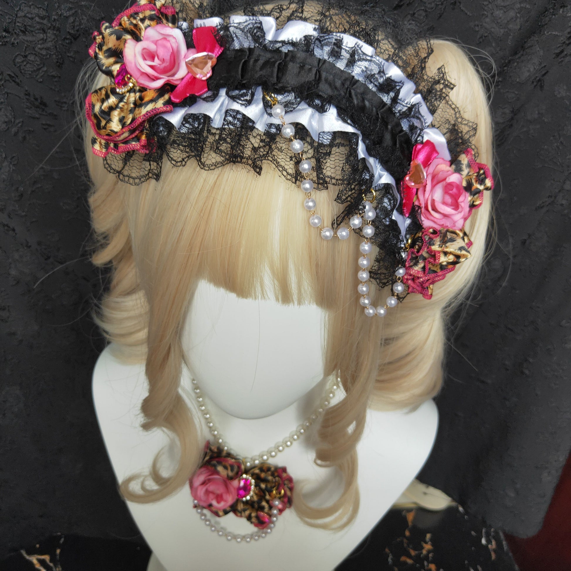 Gyaru Leopard Rose Chain Bow Hair Clip hairband moji Red