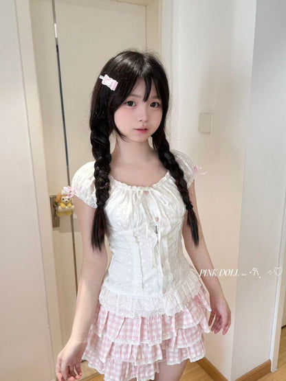 Blurred Bear - Floral Bubble Sleeve Dress Set set Blurred Bear