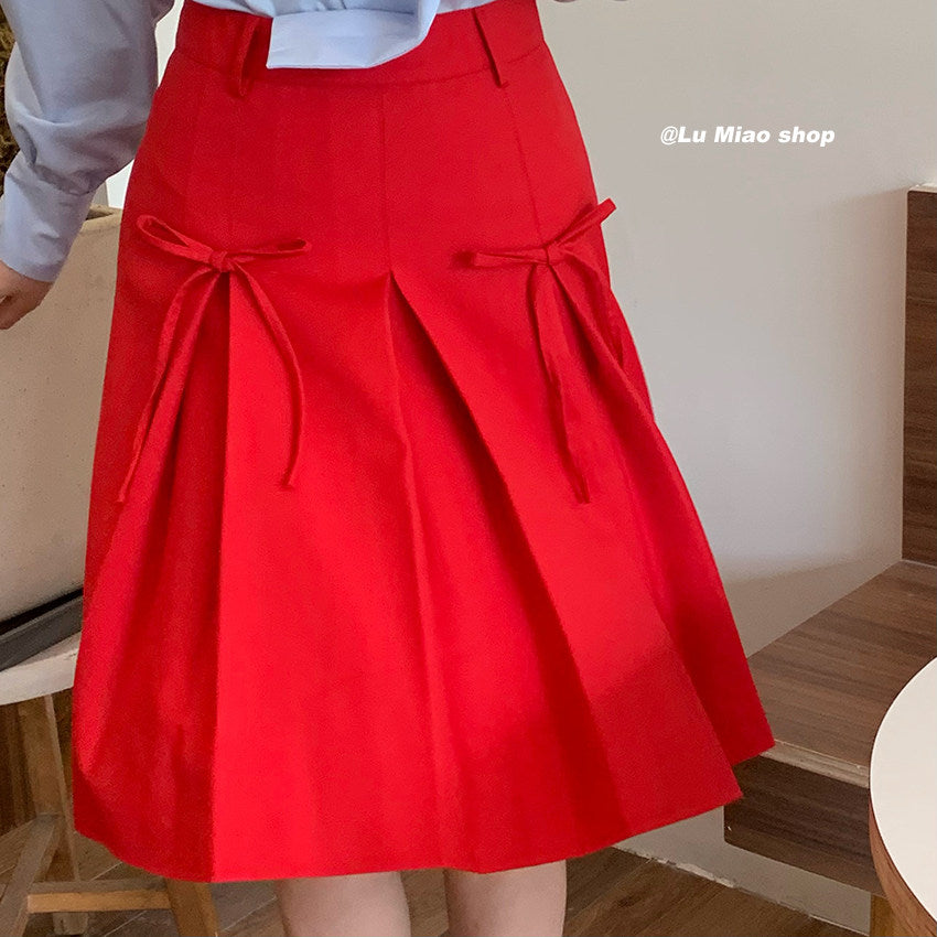 Lu Miao - Red Bow Pleated A-Line Skirt skirt Lu miao