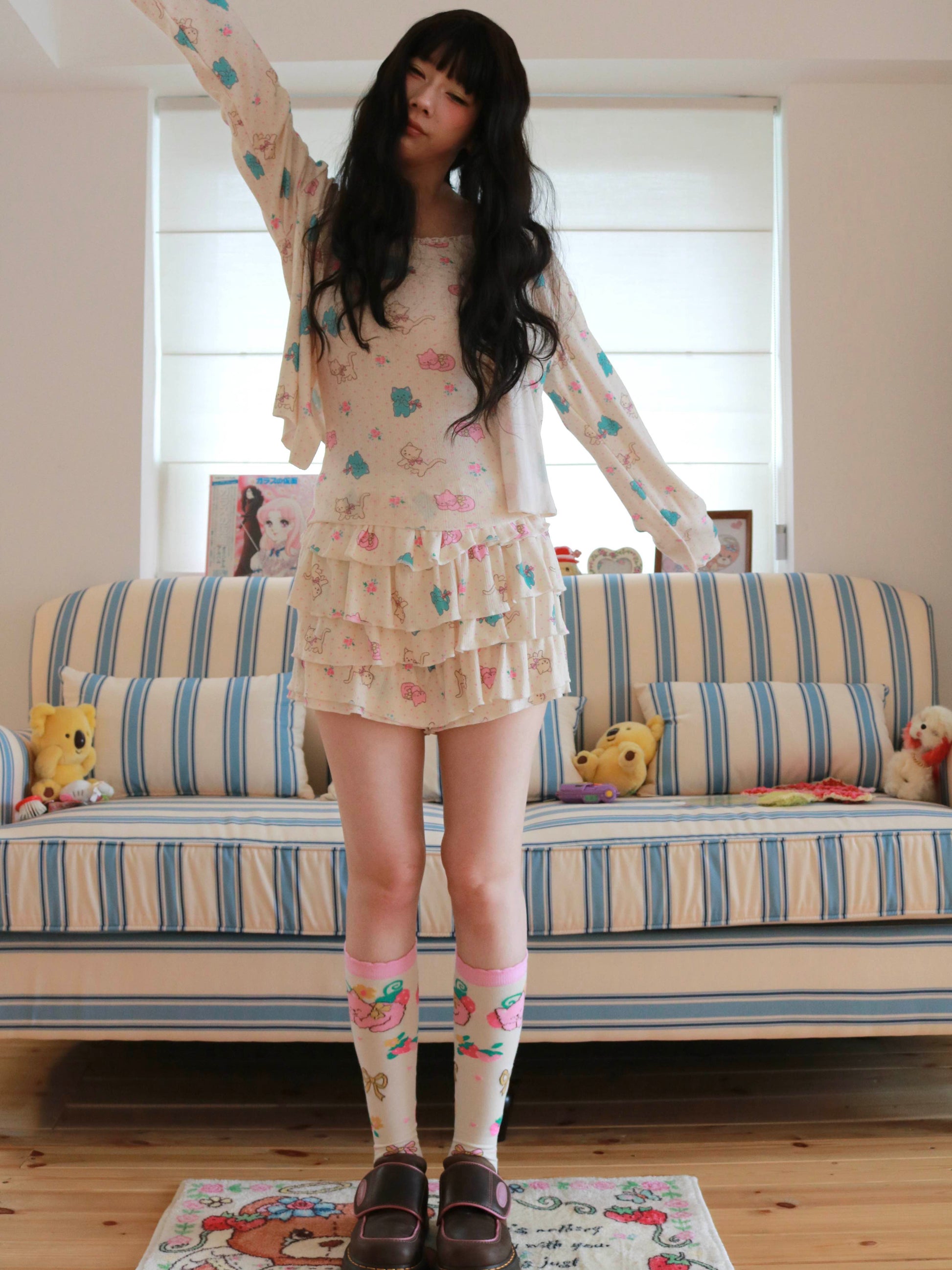 KaiXin Hostel - Cat Rose Print Cardigan Set set KaiXin hostel