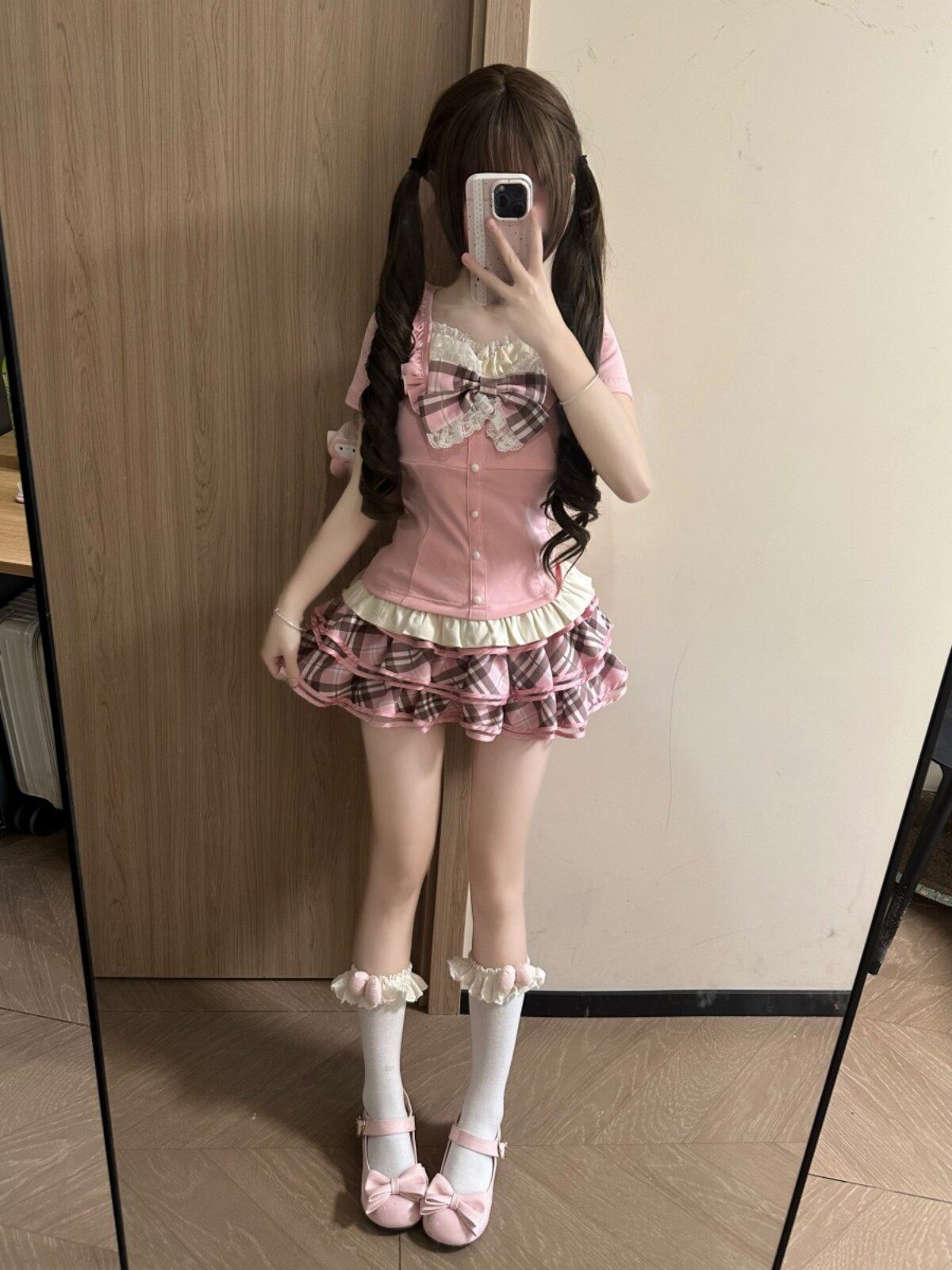Blurred Bear - Lace Top Plaid Skirt Set set Blurred Bear