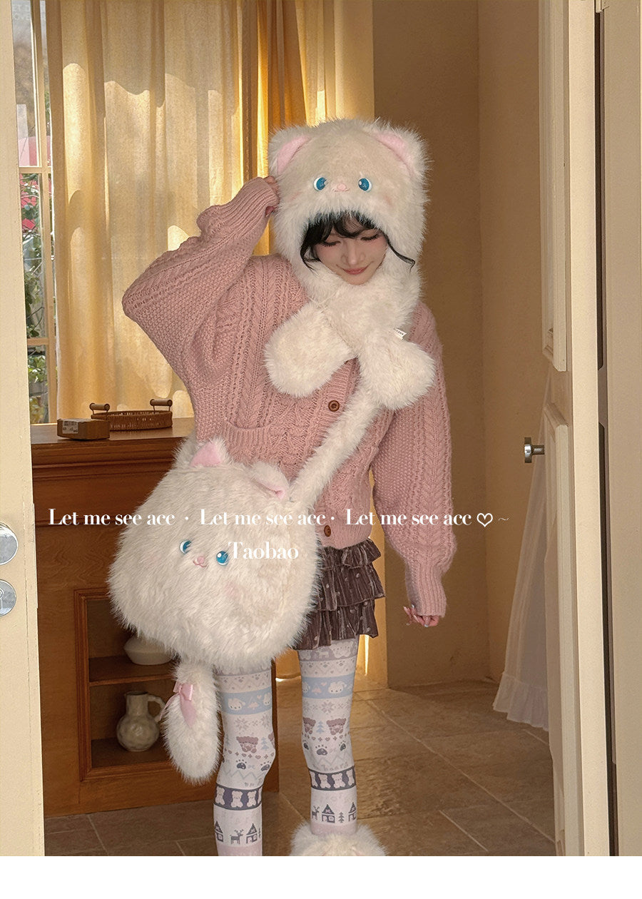 LET ME SEE - Cute Cat Plush Winter Hat & Scarf Set set let me see