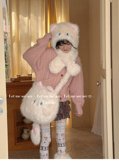 LET ME SEE - Cute Cat Plush Winter Hat & Scarf Set set let me see