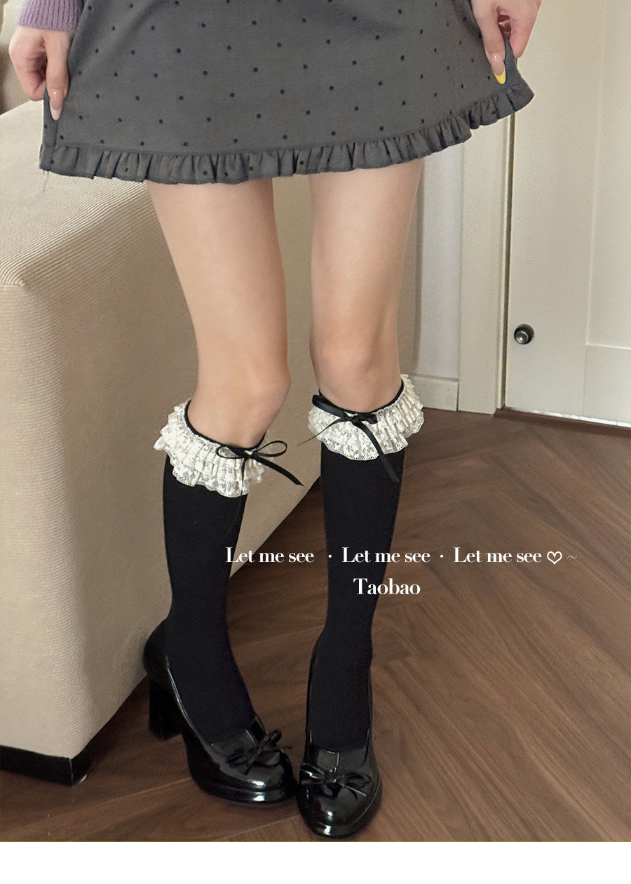 LET ME SEE - Schoolgirl Lace Bow Crew Socks sock let me see