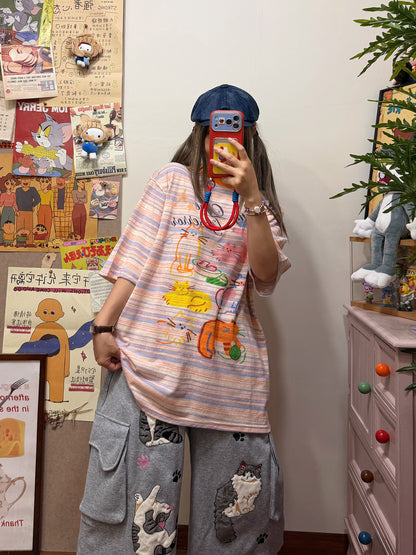 BIBULU - Cat Stripe Graphic T-Shirt tshirt BIBULU Pink M