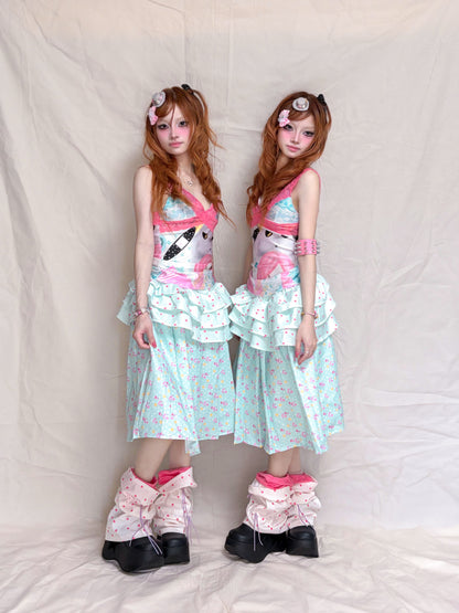 YJM with biubiu - Mint Floral Ruffle Skirt skirt YJM with biubiu