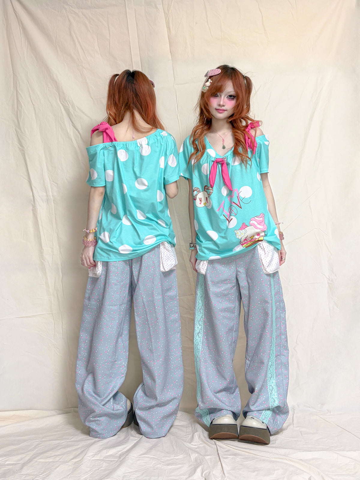 YJM with biubiu - Floral Lace Contrast Wide-Leg Pants pants YJM with biubiu