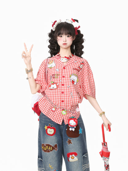 Languid Park - Plaid Embroidered Oversized Short Sleeve Shirt shirt Languid Park