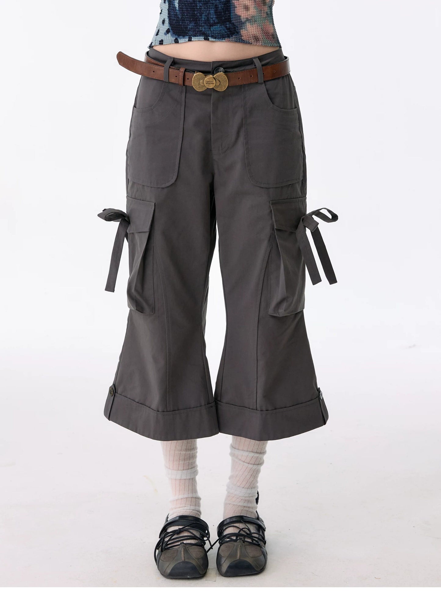 ziziFei - Charcoal Bow Cargo Cropped Pants shorts ziziFei