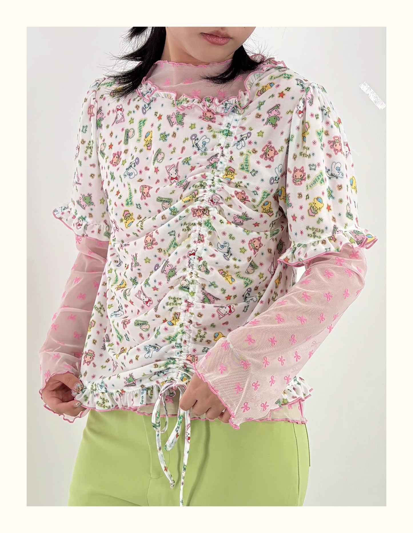 Shishihshop Puff Sleeve Drawstring Tee | Harajuku Stretchy Kawaii T-shirt tshirt shishihshop