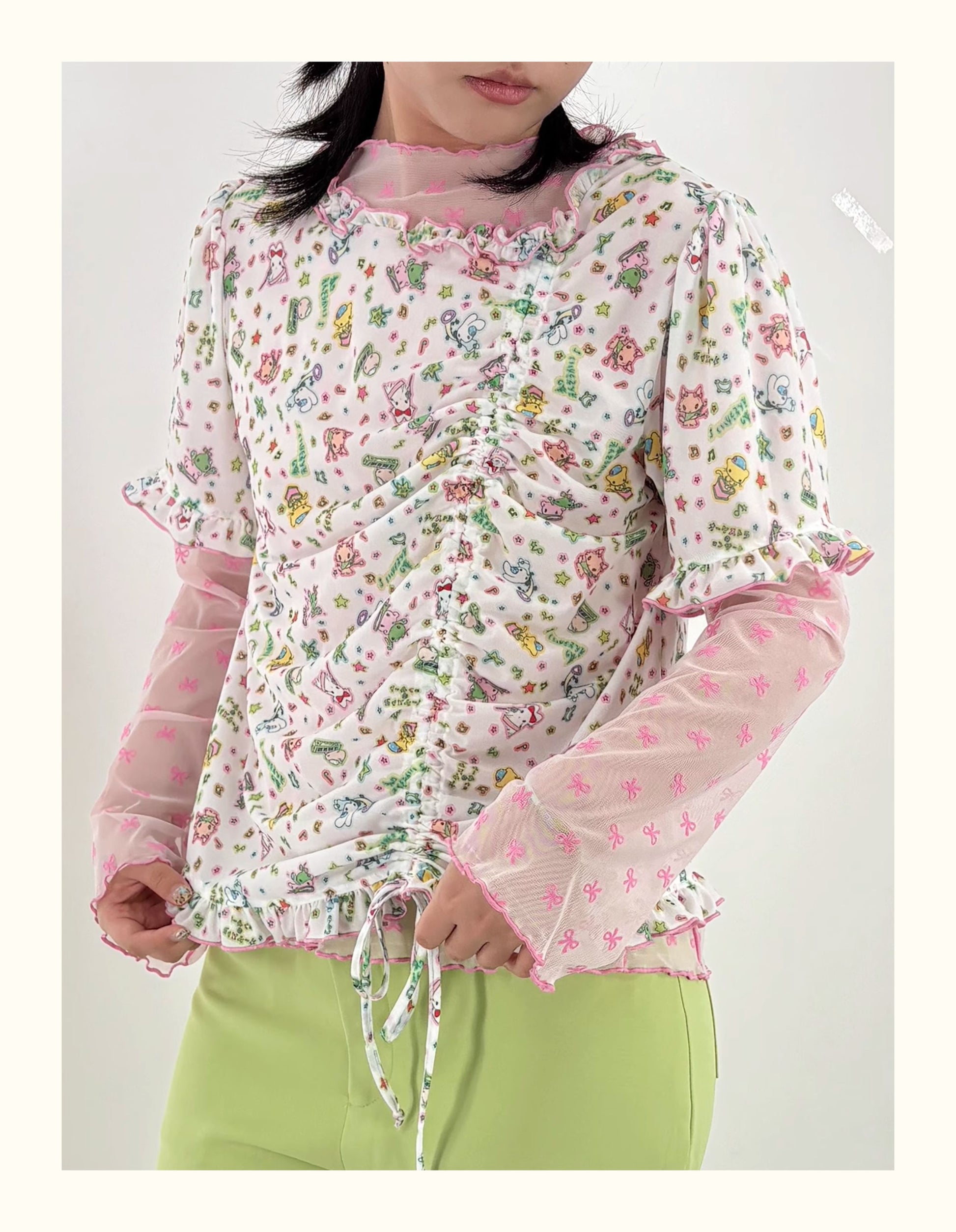Shishihshop Puff Sleeve Drawstring Tee | Harajuku Stretchy Kawaii T-shirt tshirt shishihshop