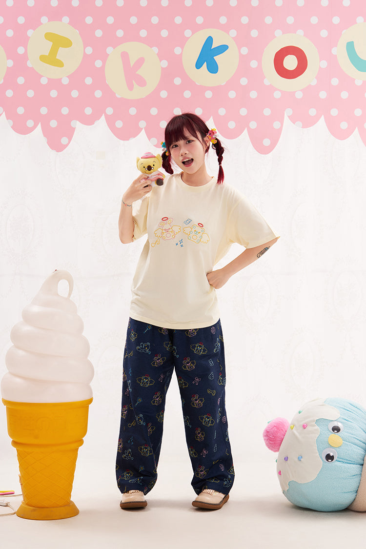 NIKKOU Kawaii Two-Tone Jeans | Harajuku Embroidered Denim Pants pants Nikkou home