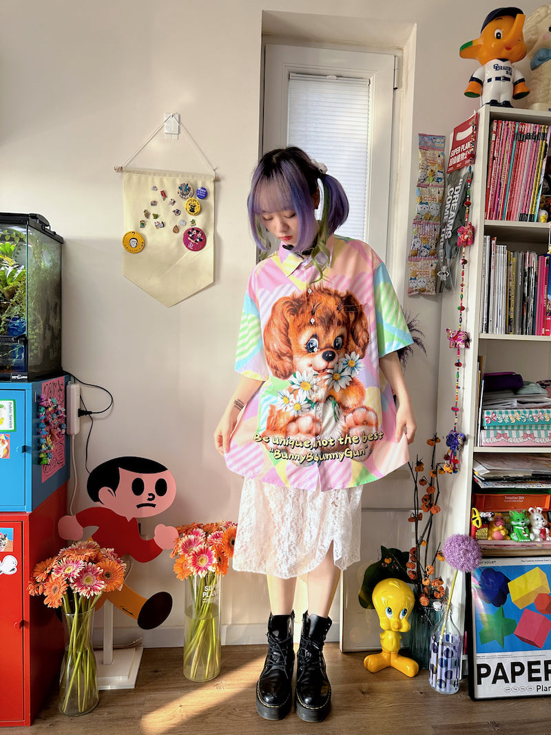 bunnybunnygun – Decora Kei Vintage Dog Oversize Shirt shirt bunnybunnygun