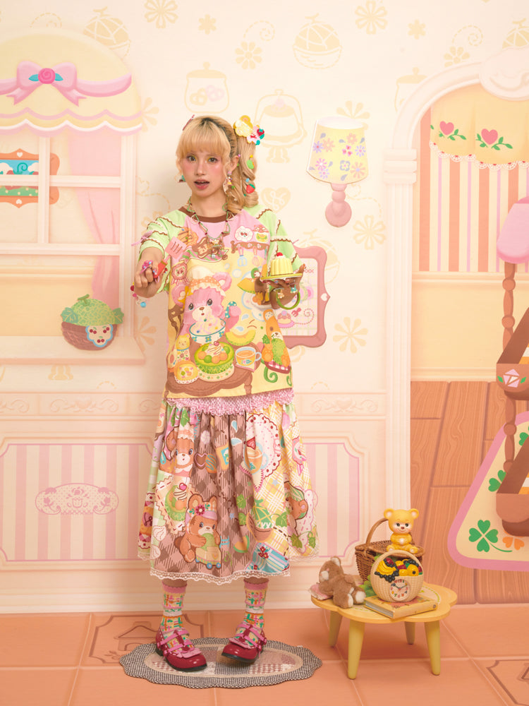Lutra Jump - Decora Kei Bear Print Patchwork Skirt skirt Lutra Jump