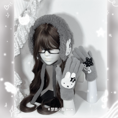 Miffy Rabbit Kawaii Plush Winter Gloves | Cute Character Finger Gloves