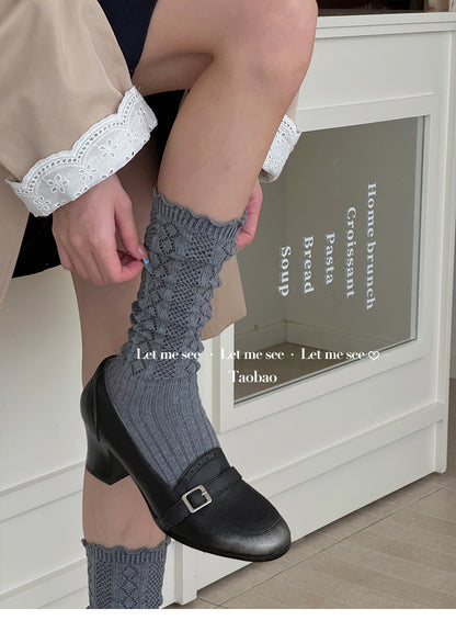 LET ME SEE 古早风镂空针织花边袜 木耳边芭蕾小腿袜女堆堆针织袜 sock let me see