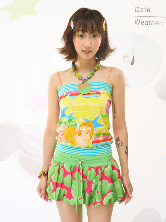 FRUITS Illustration‑Print Cami | Bandeau Cami Top | Stretch Knit tank top Fruits