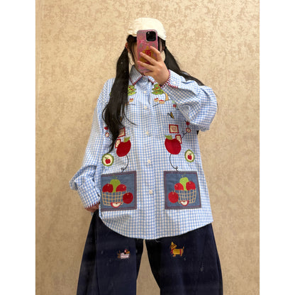 BIBULU - Kidcore Apple Embroidery Plaid Shirt shirt BIBULU Blue M