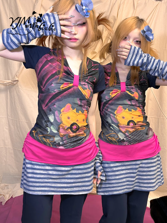 YJM with biubiu "Sunset Blues" Graffiti Bow Slim Top – Harajuku Fitted Tee tshirt YJM with biubiu