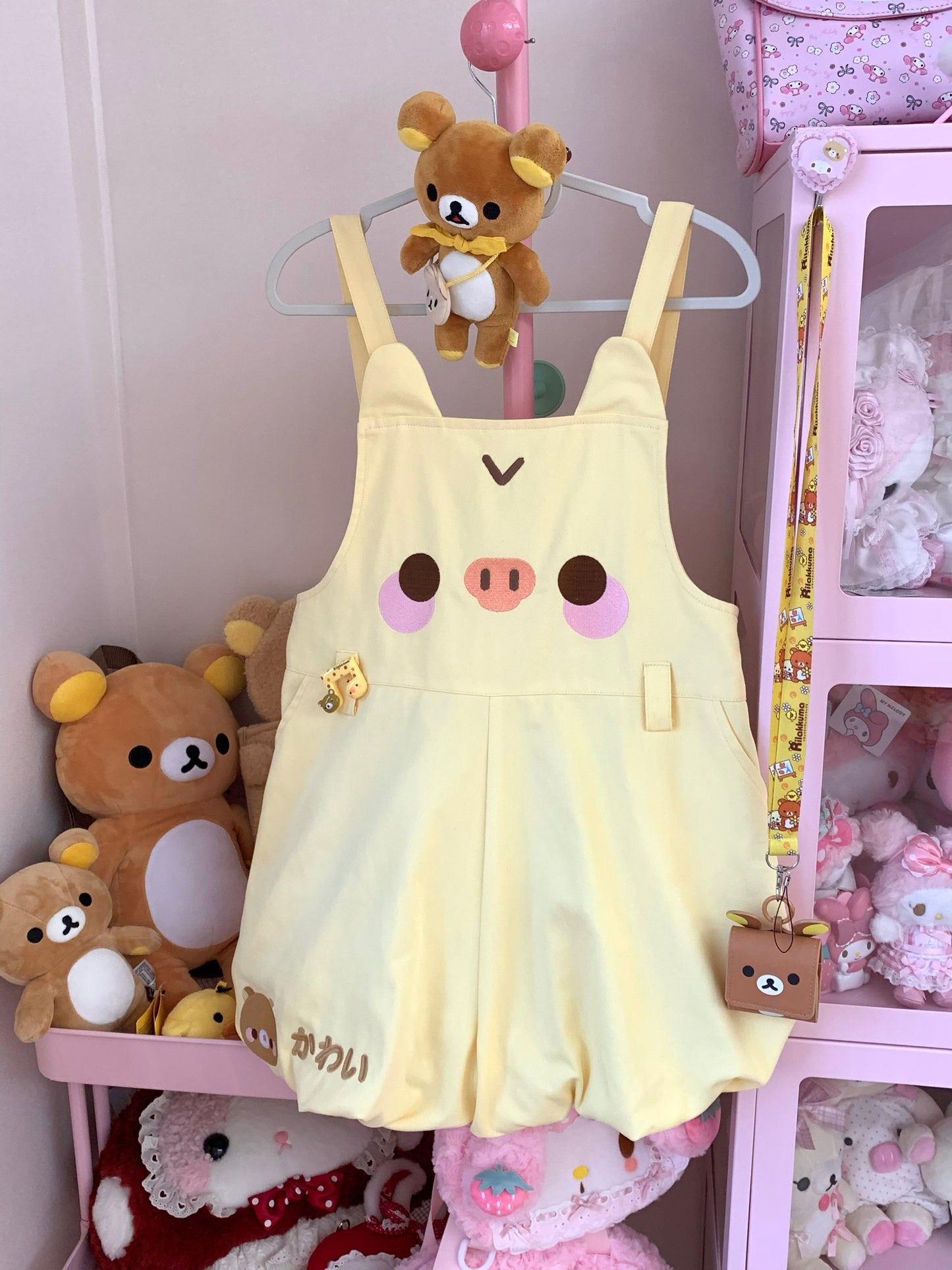 blurred bear - Bear Embroidery Short Overalls