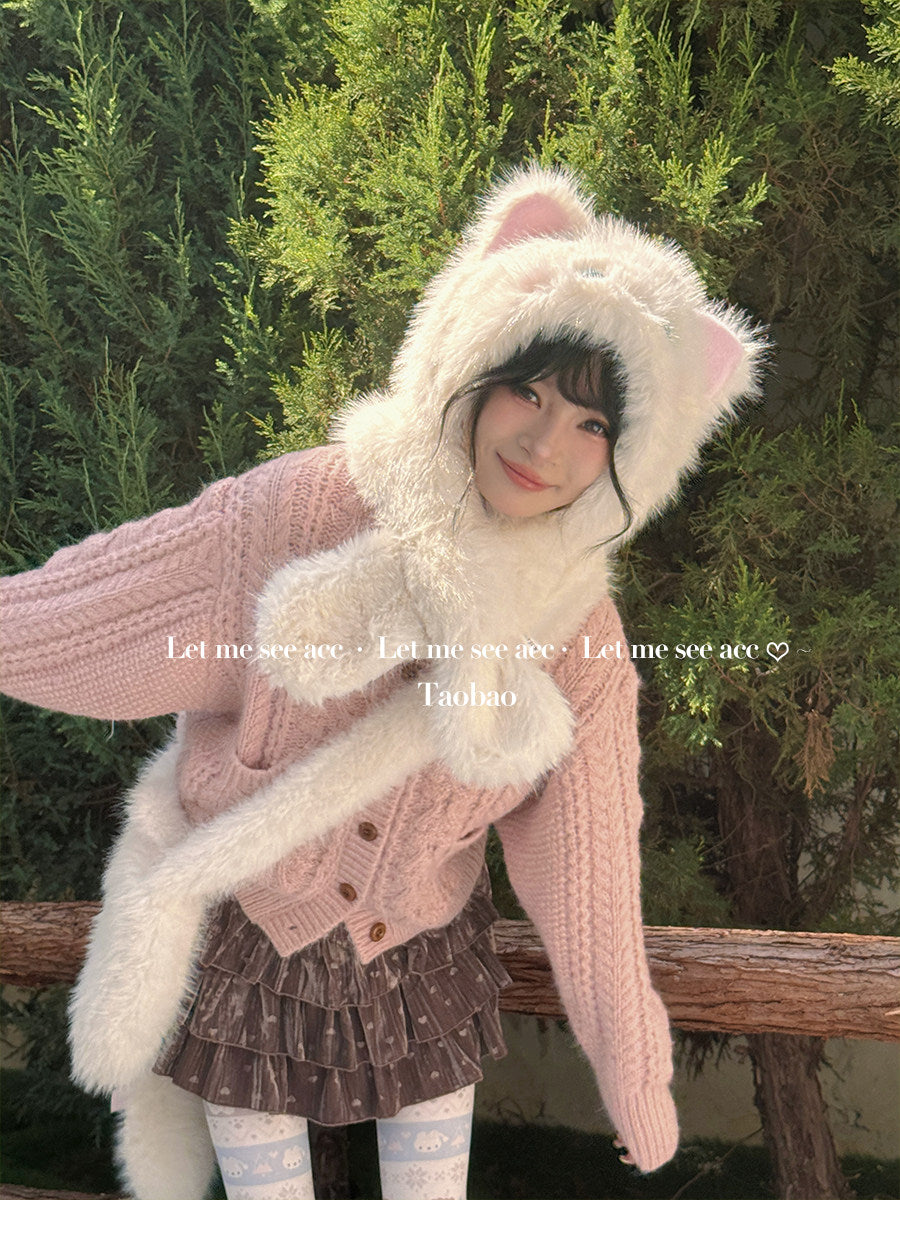 LET ME SEE - Cute Cat Plush Winter Hat & Scarf Set set let me see