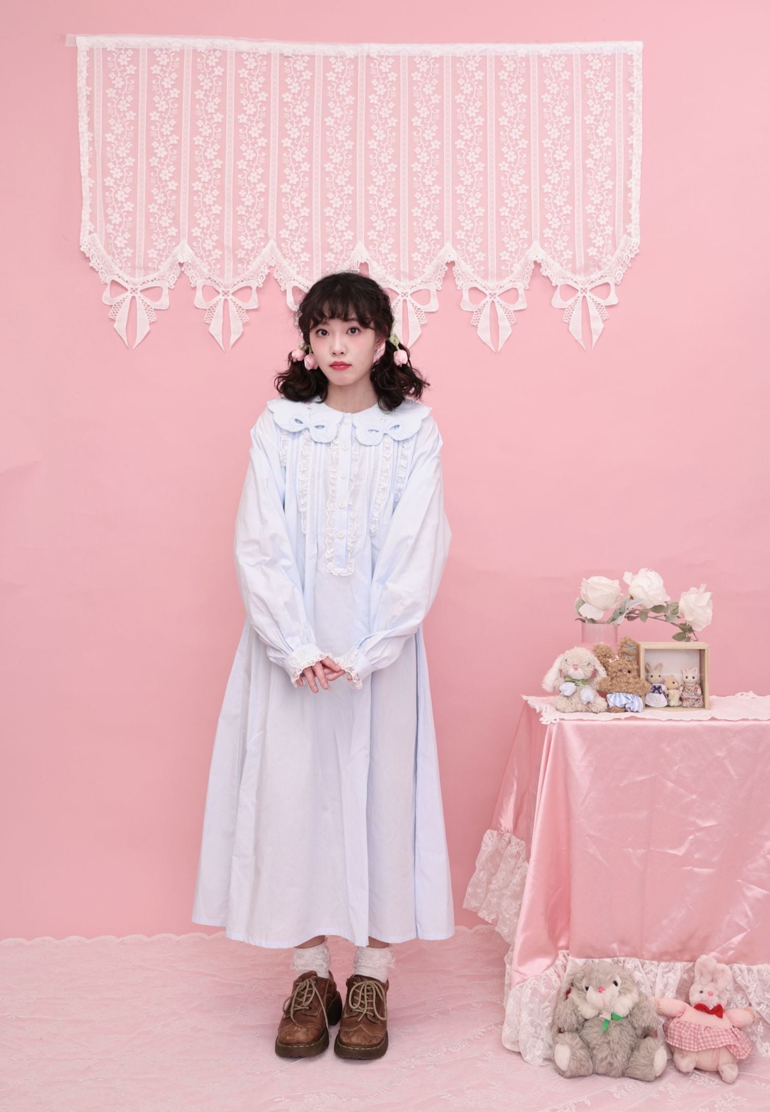 SemenCoicis - Kawaii Embroidered Dress - Blue Cotton Lace Trim dress SemenCoicis