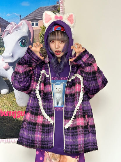 bunnybunnygun - Harajuku Purple Plaid Oversize Jacket coat bunnybunnygun