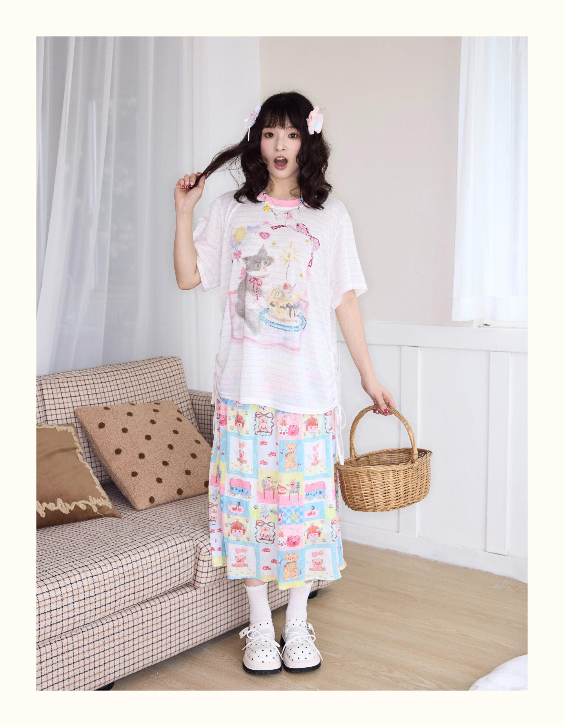 Robootoo - Pastel Cartoon Pleated Midi Skirt skirt Robootoo