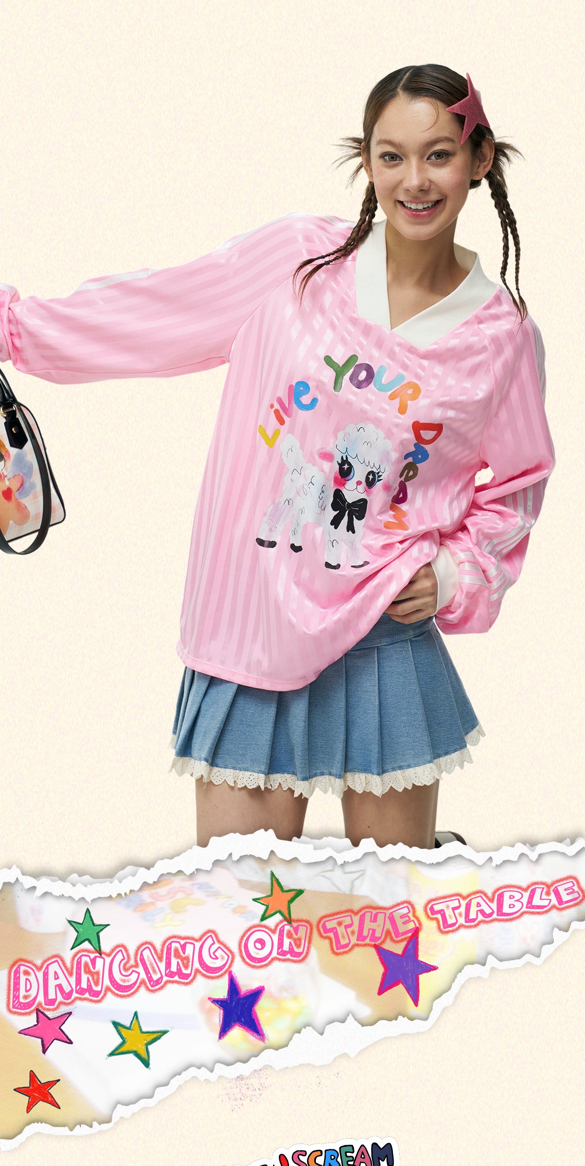 iscreamcolour MOF - Pink Sheep Print Baseball Long Sleeve Tee shirt iscreamcolour