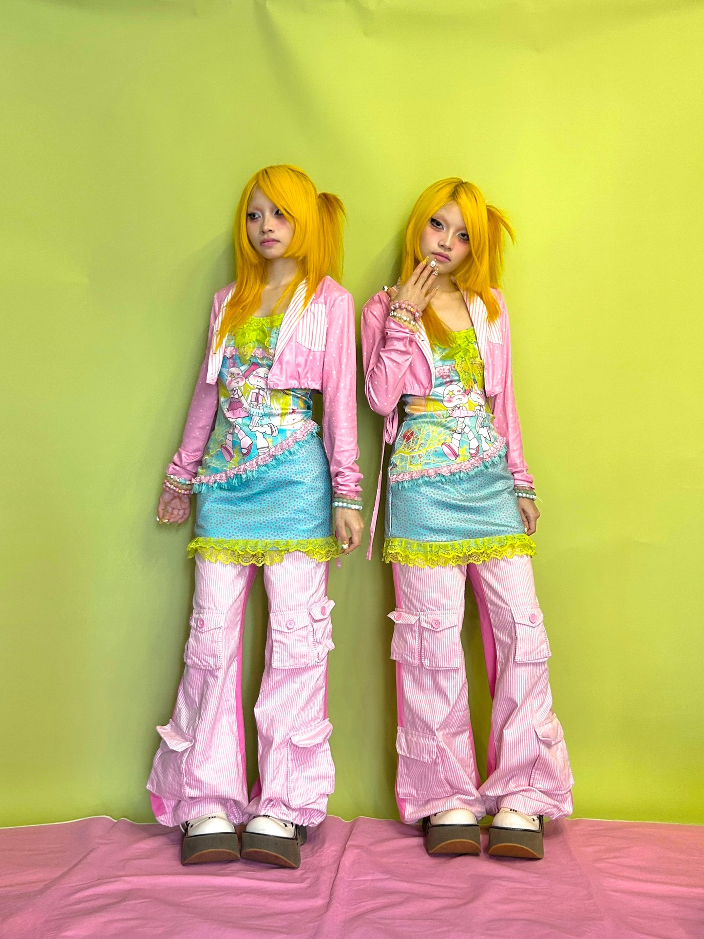 YJM with biubiu Pink Polka Dot Jacket | Striped Patchwork Tie-Up Short Jacket jacket YJM with biubiu
