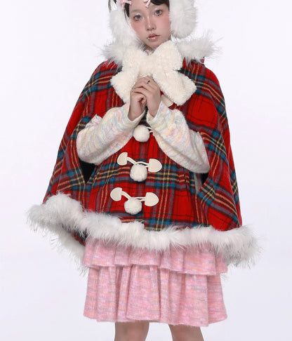 SOS MEME CLUB – Showa Christmas Red Plaid Wool Coat cape SOS MEME CLUB