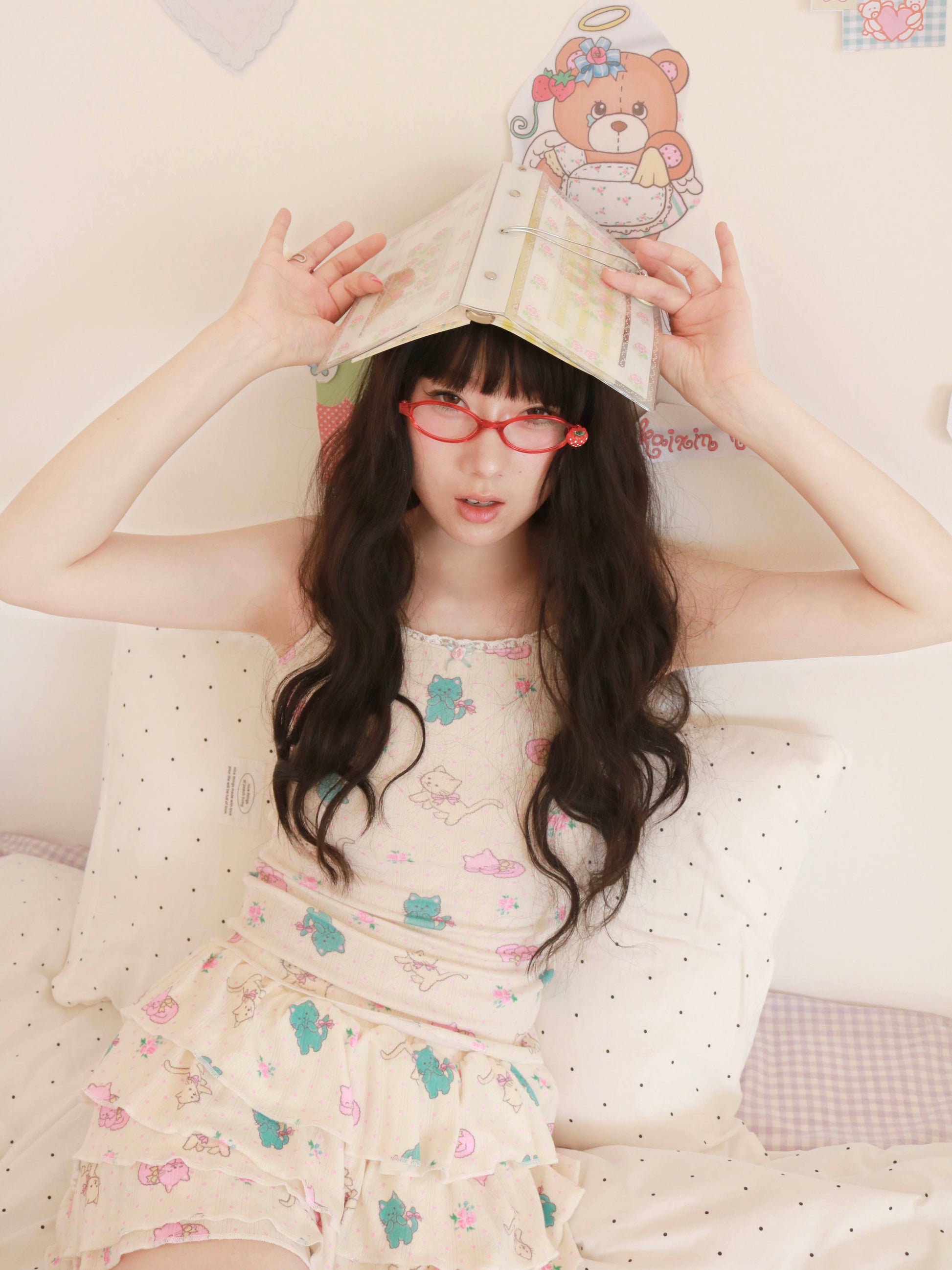 KaiXin Hostel - Cat Rose Print Cardigan Set set KaiXin hostel