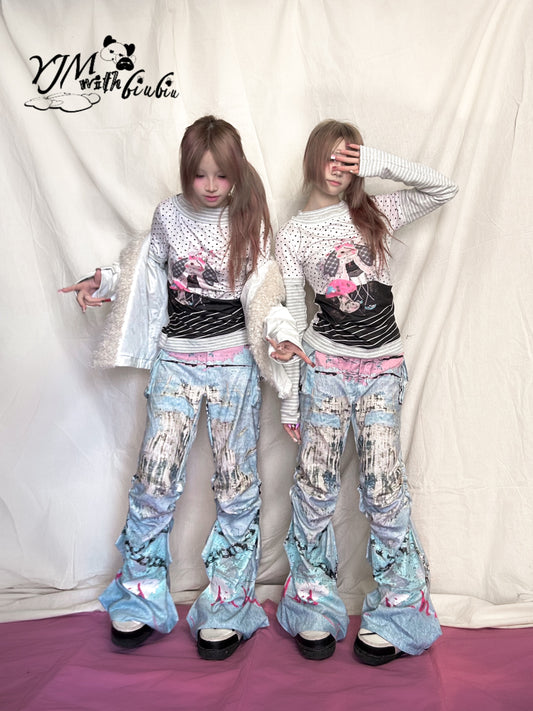 YJM with biubiu Graffiti Ruched Pants | Low-Waist Thin Long Pants pants YJM with biubiu