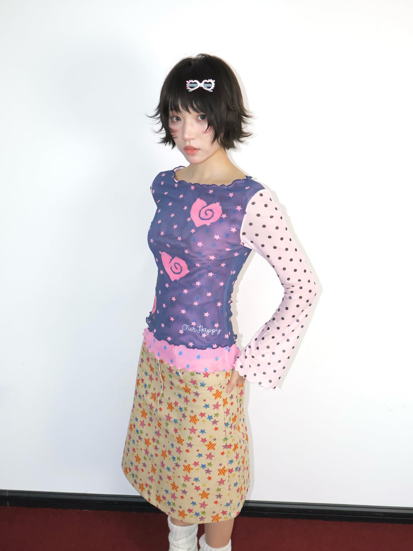 OurHappy - Blue Polka Mesh Top shirt Our Happy