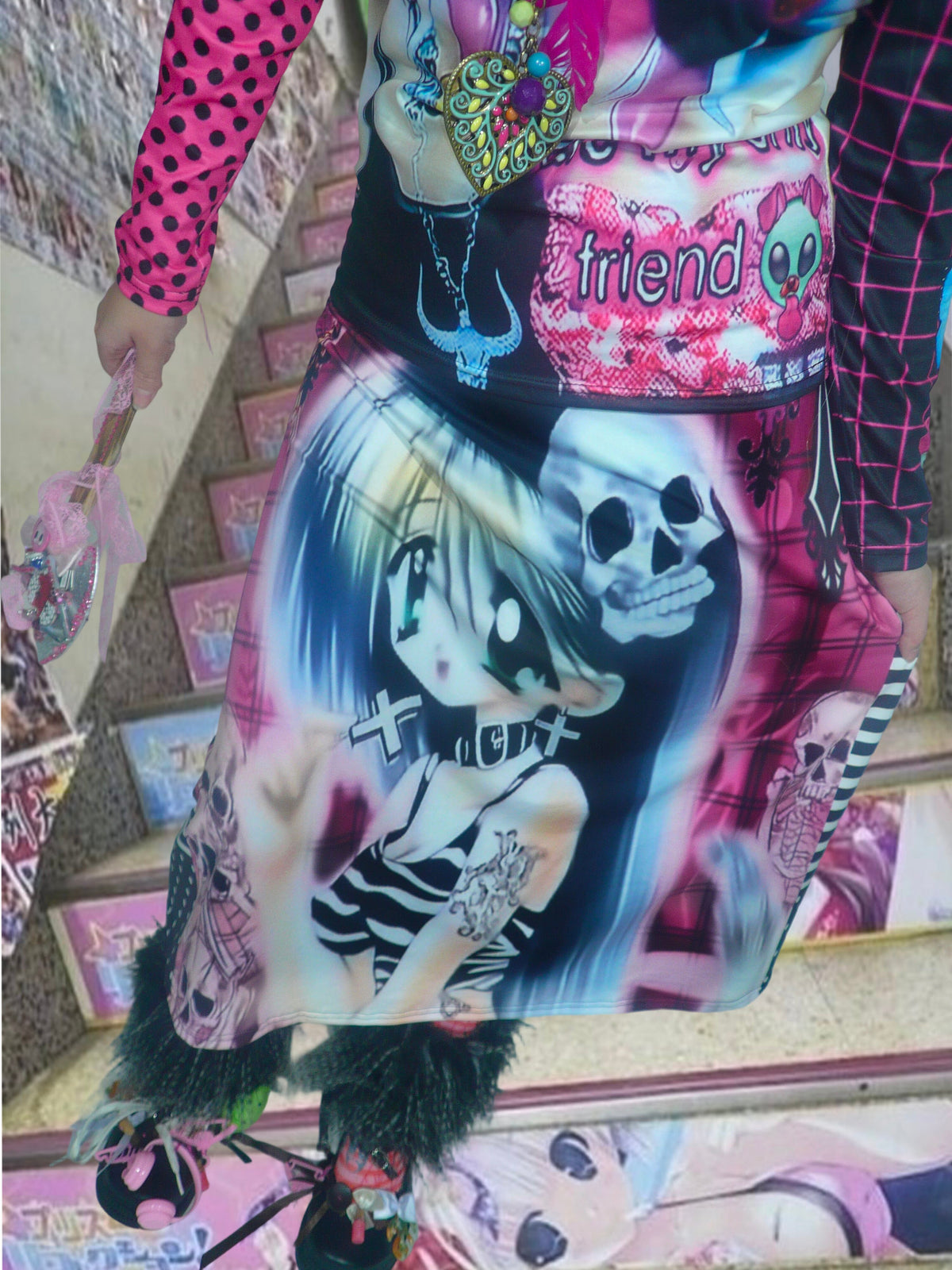 ki00bi00 - Pirate Plaid Cartoon Maxi Skirt skirt ki00bi00