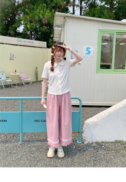Peach Party - White Embroidered Knit Polo Cardigan