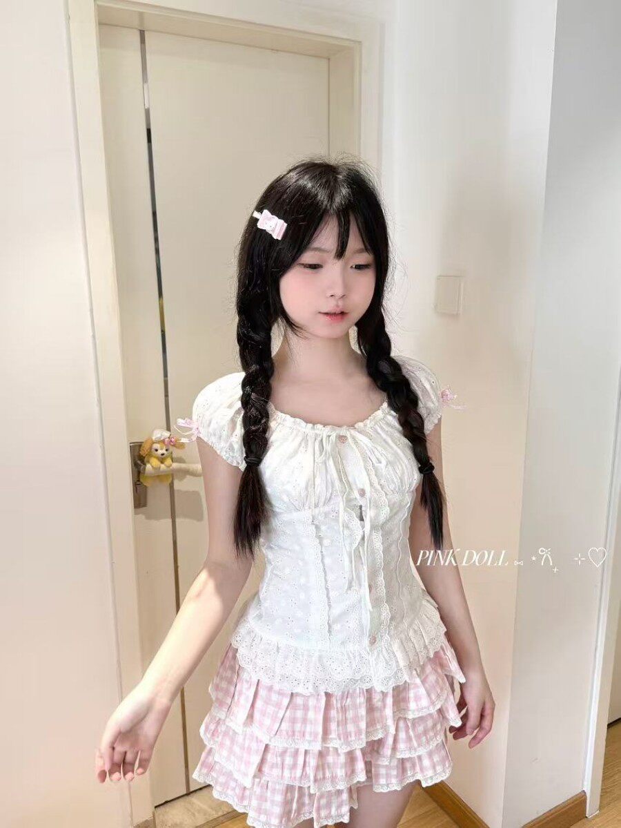 Blurred Bear - Floral Bubble Sleeve Dress Set set Blurred Bear