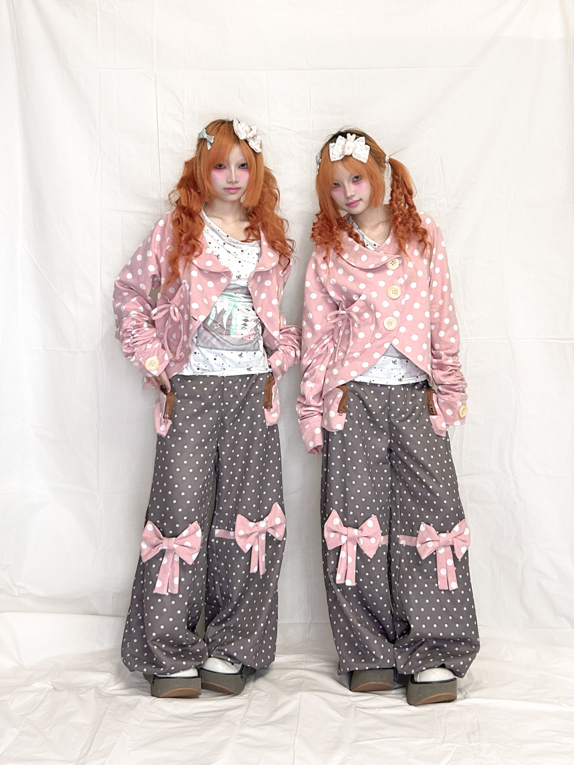 YJM with biubiu - Polka Dot Pleated Long Sleeve Short Jacket cardigan YJM with biubiu