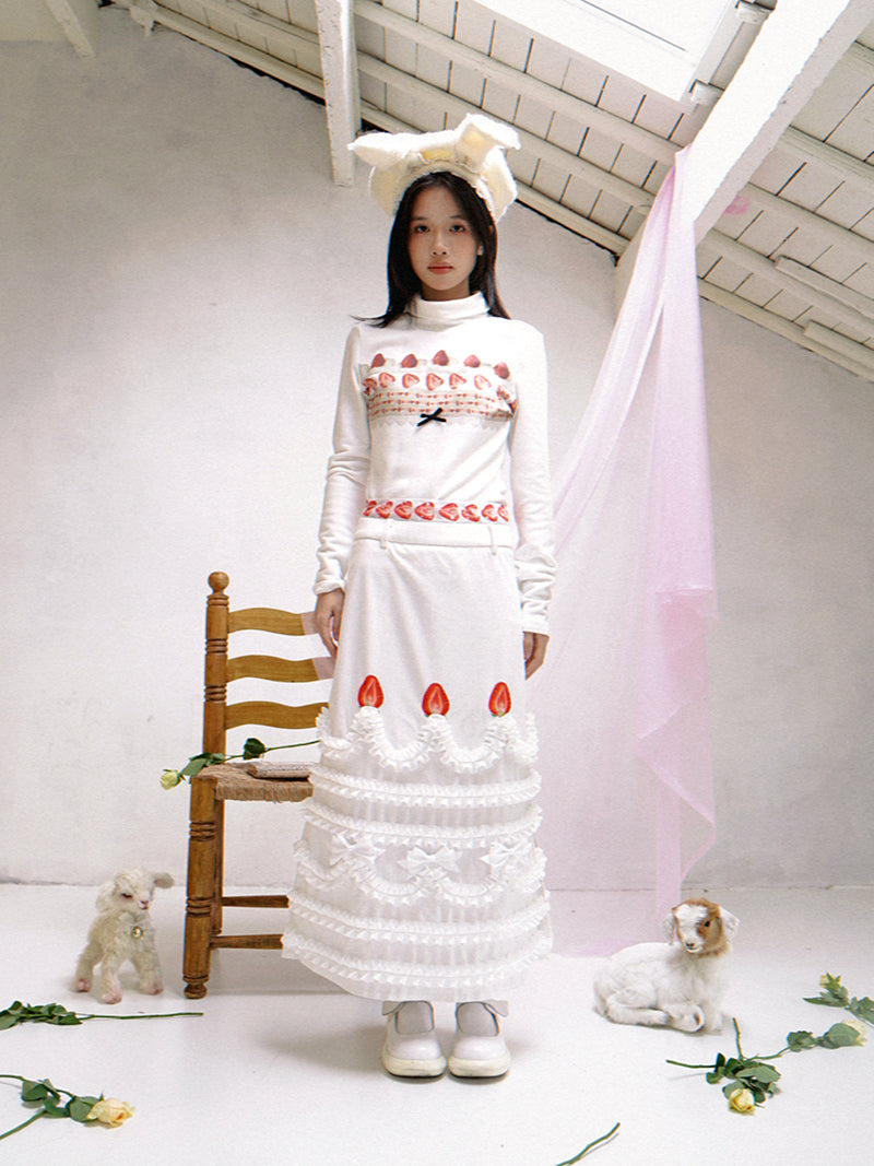 daytoday everyday institute - Kawaii Strawberry Cake Turtleneck Top Stretch Fuzzy sweatshirt daytoday everyday institute