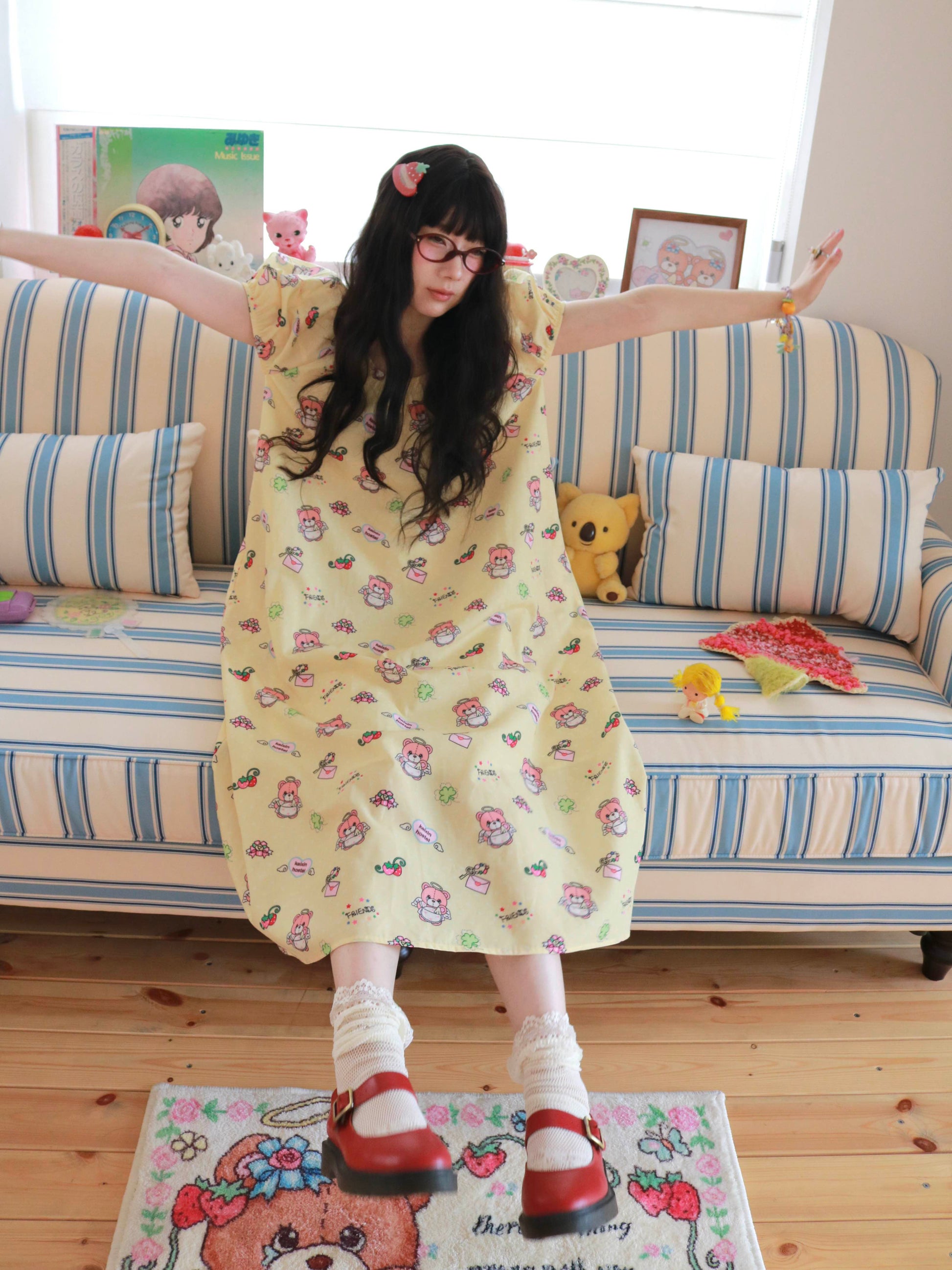 KaiXin Hostel - Bear Print Puff Sleeve Dress dress KaiXin hostel