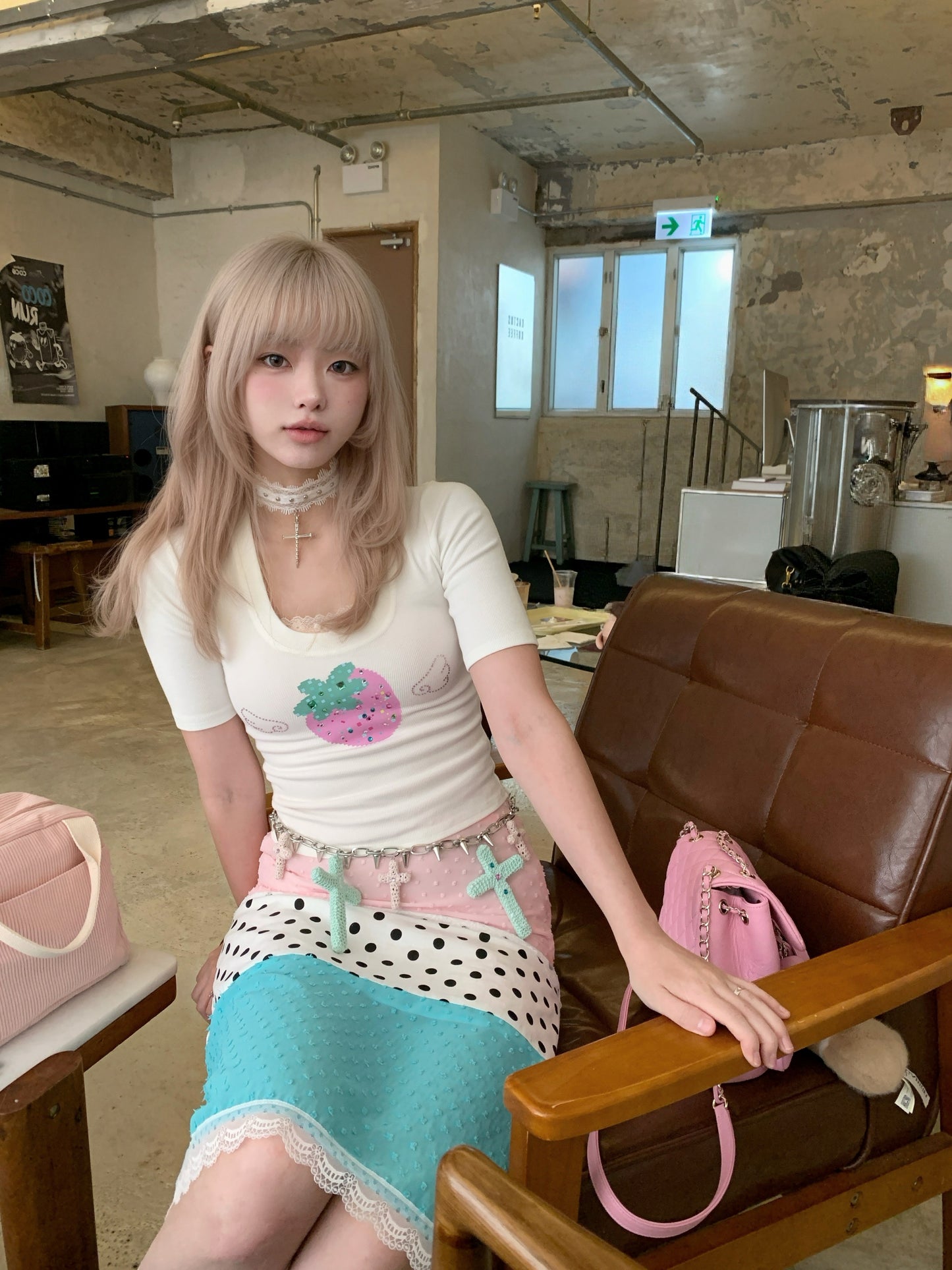 bae bi - Mint Color Block Polka Dot Lace Trim Skirt skirt Bae Bi