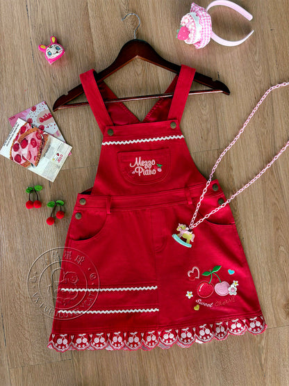 Bunny Planet - Jojifuku Cherry Red Embroidered Pinafore Dress dress bunnyplanet S
