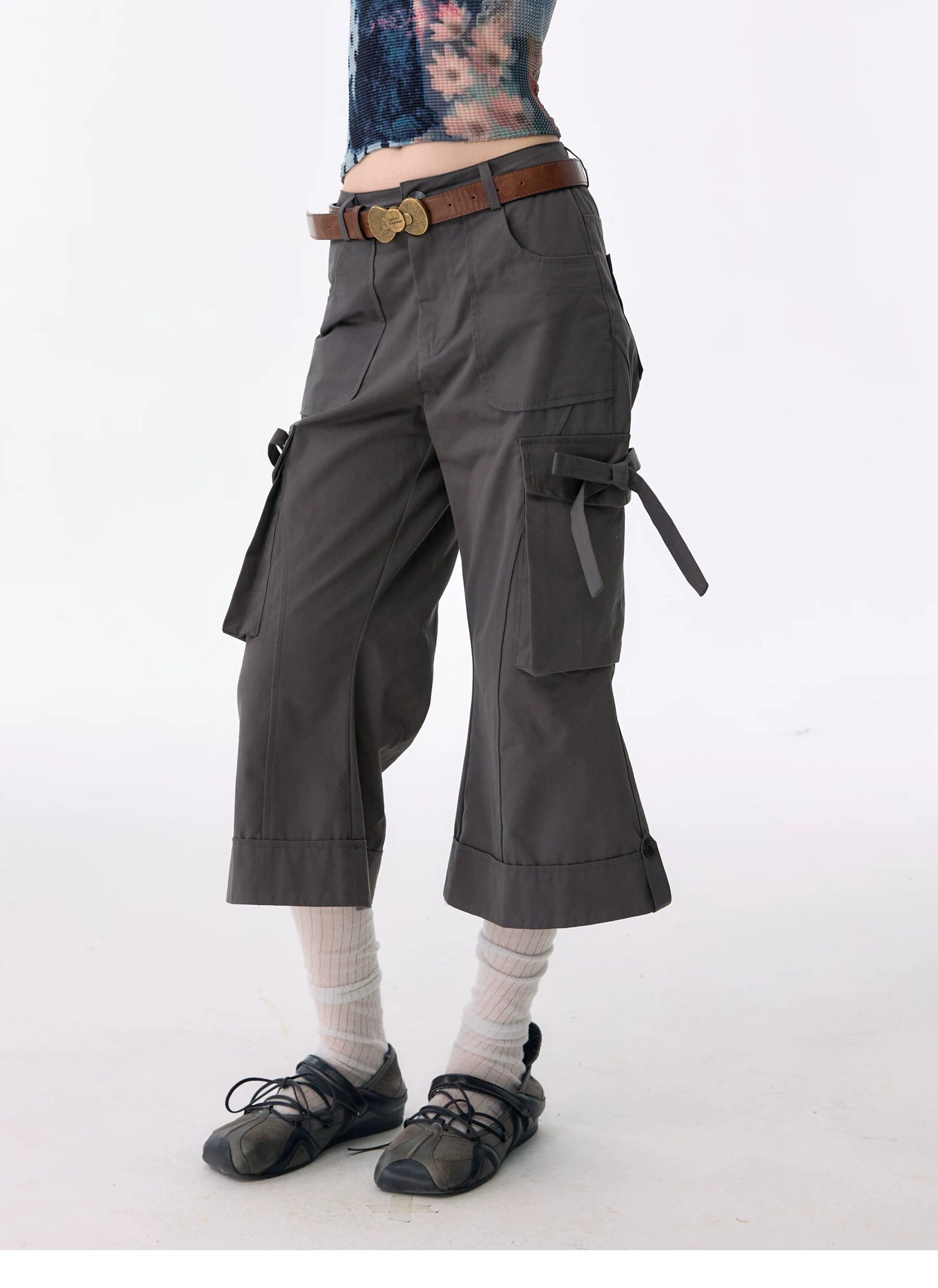 ziziFei - Charcoal Bow Cargo Cropped Pants shorts ziziFei