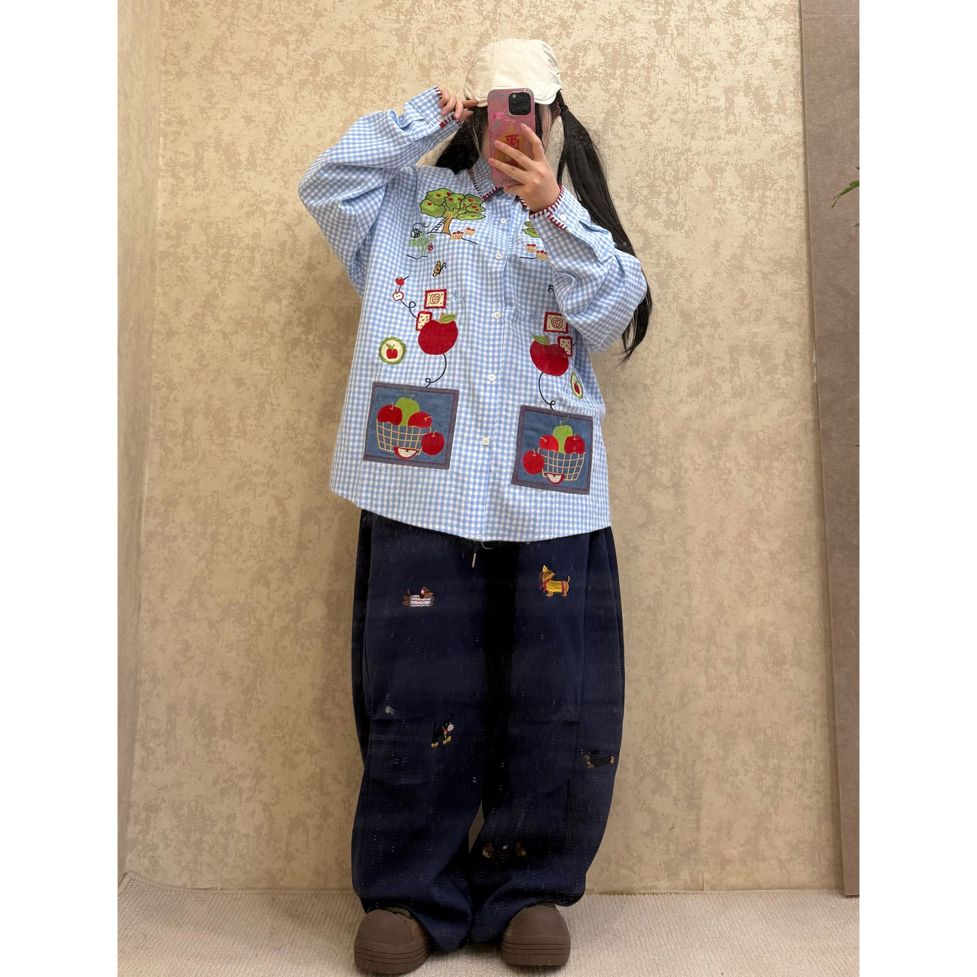 BIBULU - Kidcore Apple Embroidery Plaid Shirt shirt BIBULU
