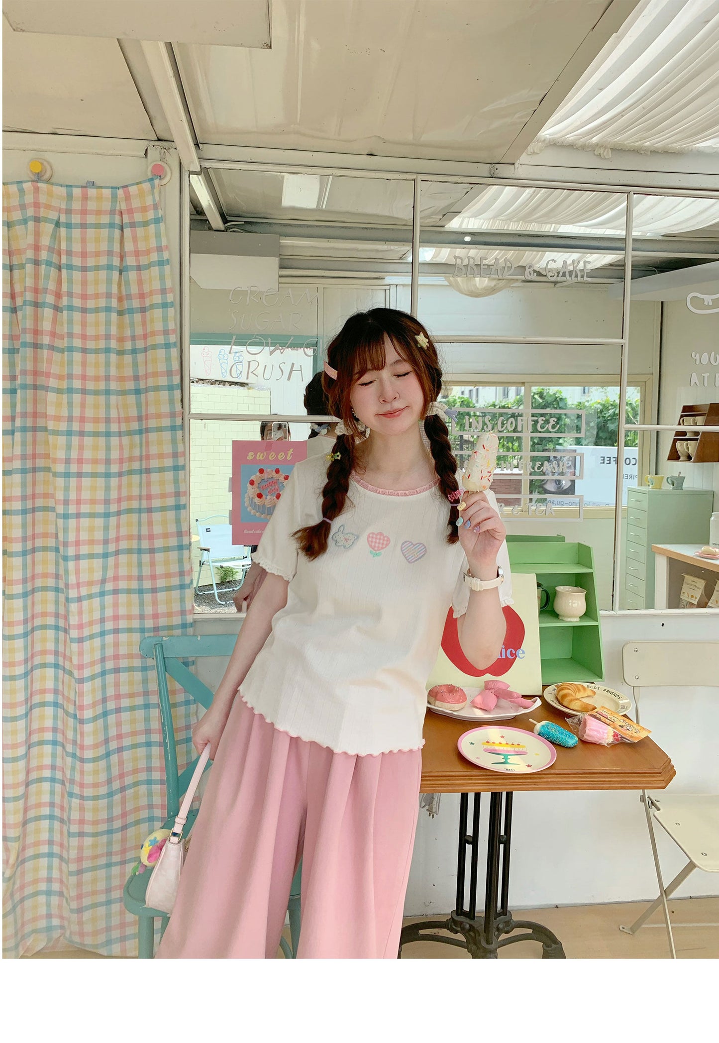Peach Party - White Embroidered Kawaii T-Shirt