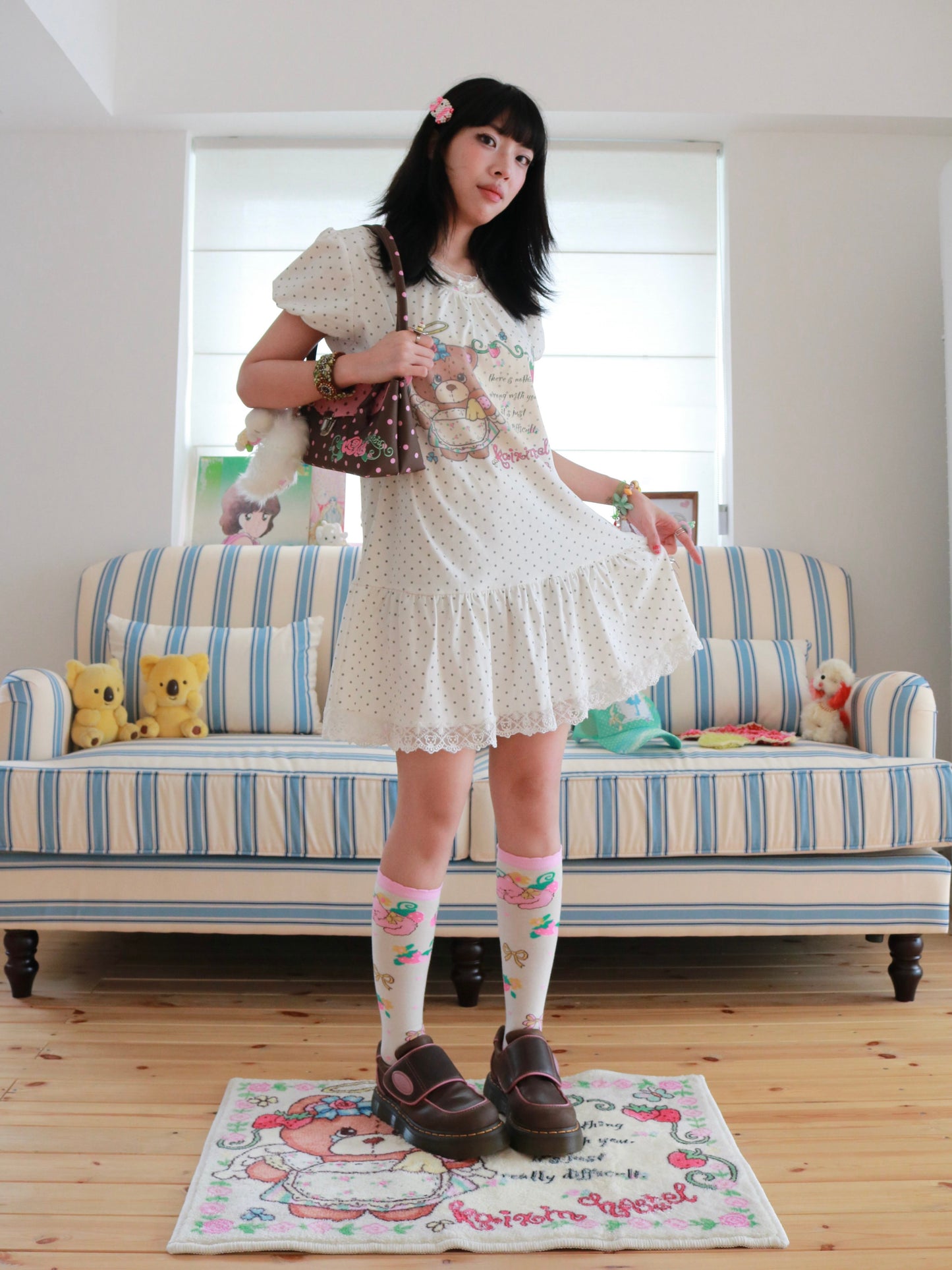 KaiXin Hostel - Bear Strawberry Lace T-Shirt Dress dress KaiXin hostel