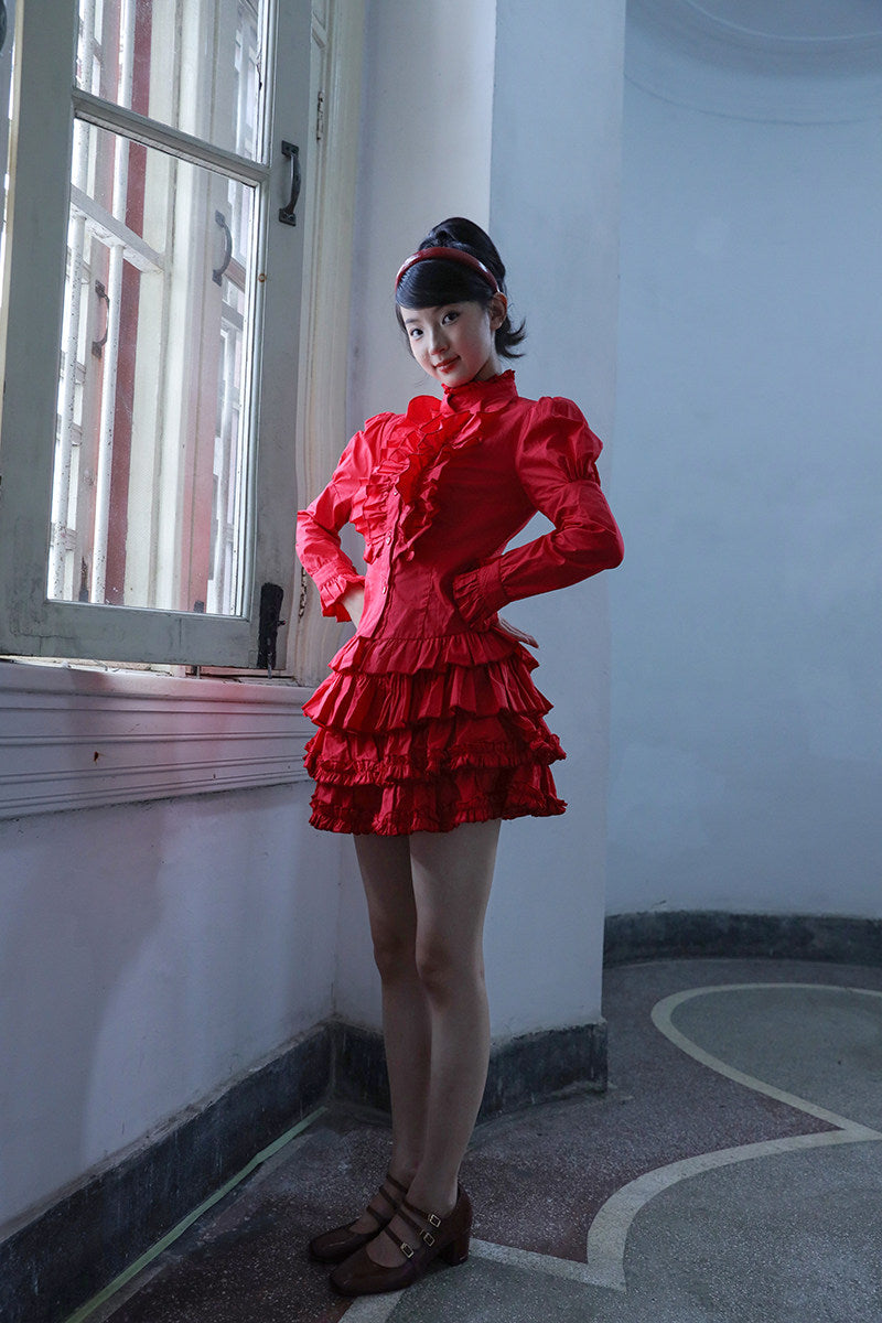Nanjun Vintage - Lace Puff Sleeve Blouse & Cake Skirt Set set Nanjun Vintage