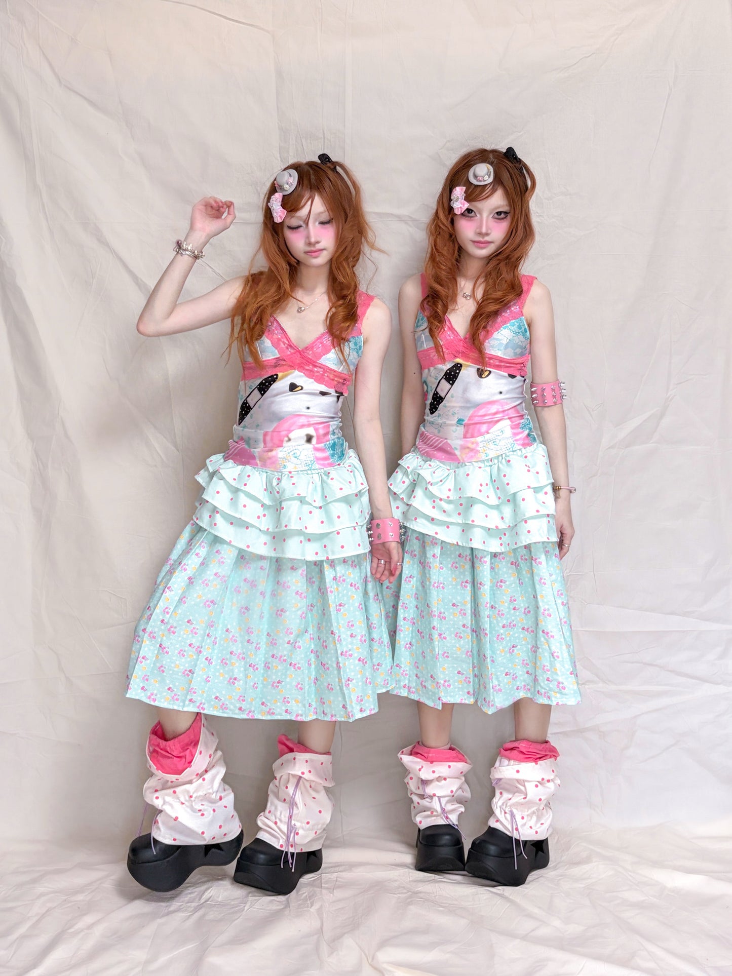 YJM with biubiu - Mint Floral Ruffle Skirt skirt YJM with biubiu